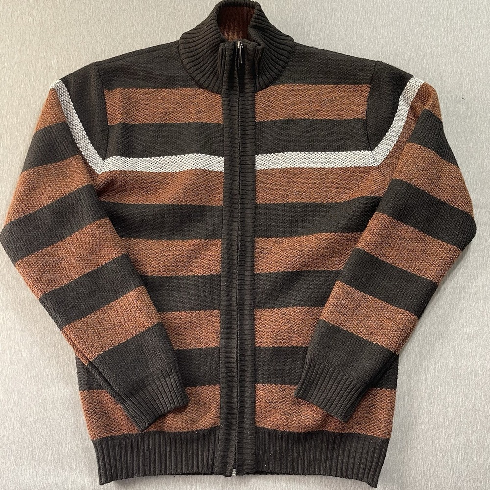 Six Lincoln Mens‎ Cardigan M Brown Black Striped Sherpa Lined Full Zip Outdoor